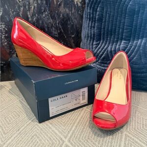 Cole Haan Women's Vibrant Red Peep-Toe Wedges